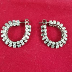 Vintage Womens Earrings Loop 3 Rows Zirconium Stones Pierced 1 Inch Dinner Date